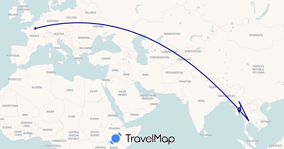 TravelMap itinerary: driving in France, Myanmar (Burma), Thailand (Asia, Europe)
